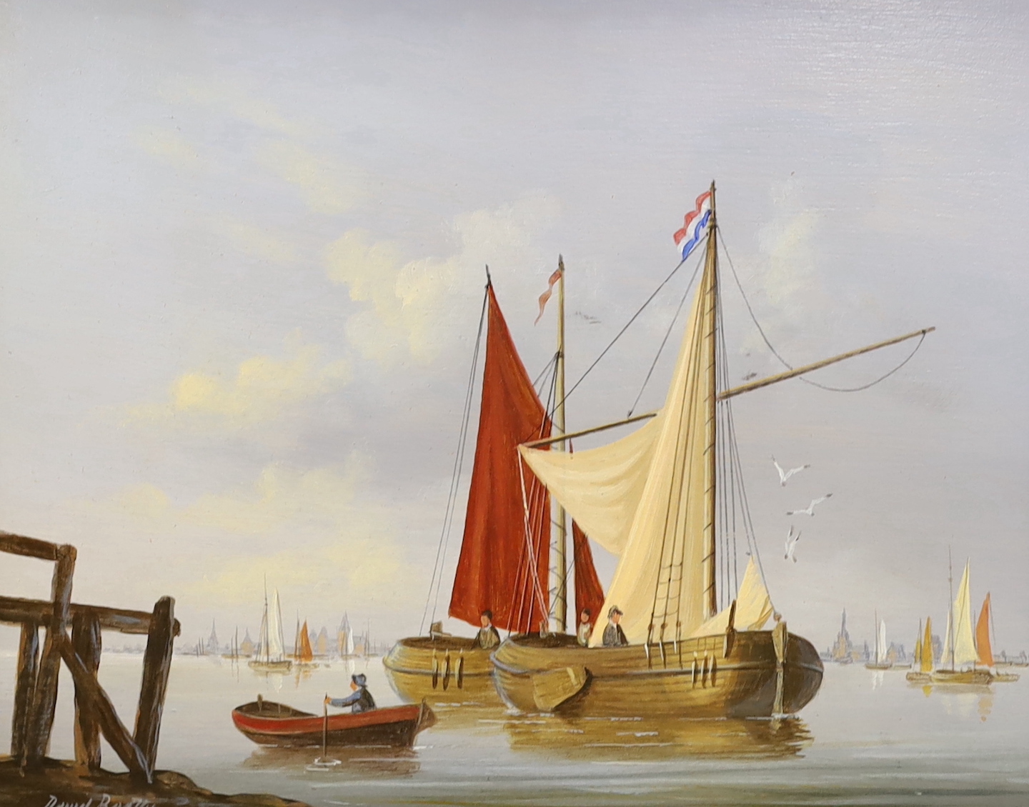 David Beatty (20th.C), two oils on board, Dutch shipping scenes, each signed, largest 39 x 50cm